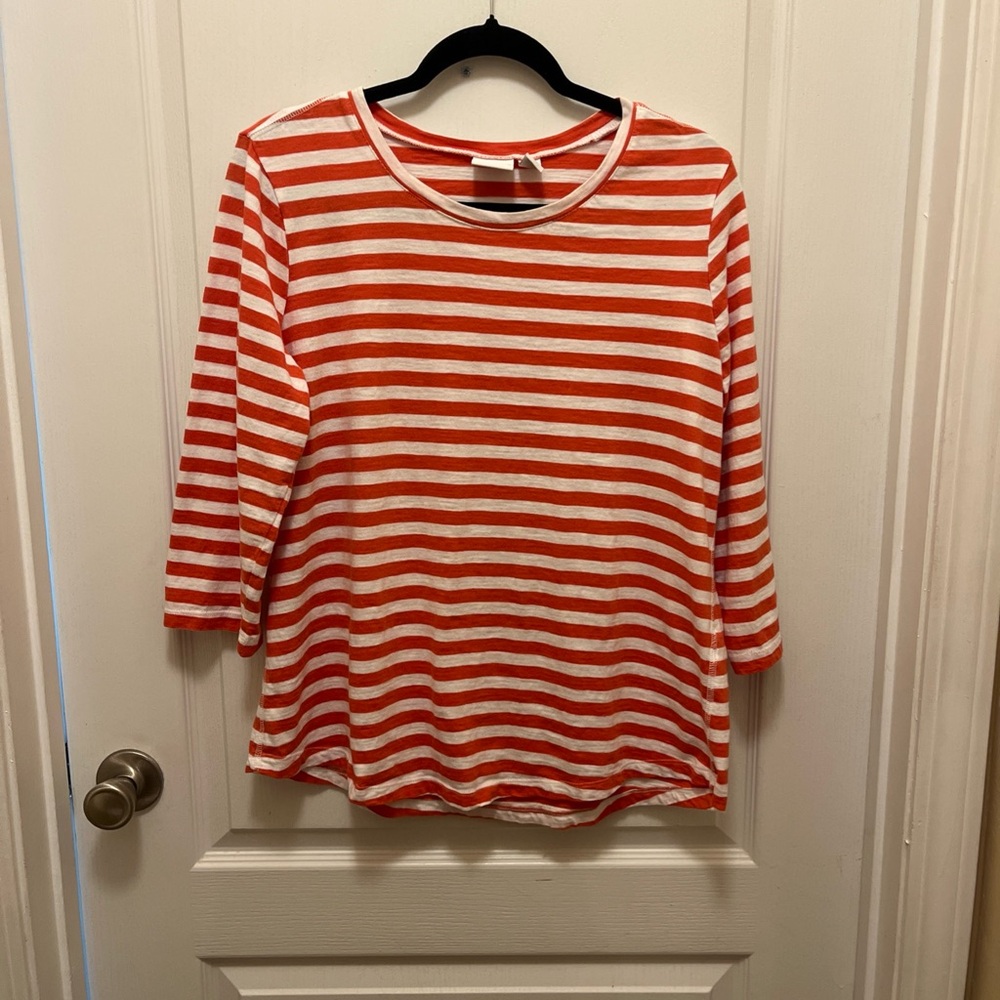 Women's Chico's Top Size 2 Striped Orange 3/4 Sleeve Fall Halloween Casual